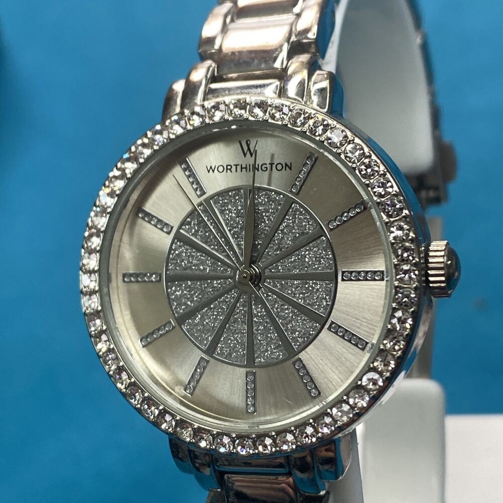 Worthington Womens Silver Tone Rhinestone Quartz Watch New Battery